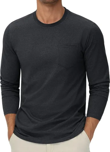 Vista 19 de Cotrasen Camisetas de manga larga para hombre, de algodón, cuello redondo, absorben la humedad, suaves, casuales, con bolsillo