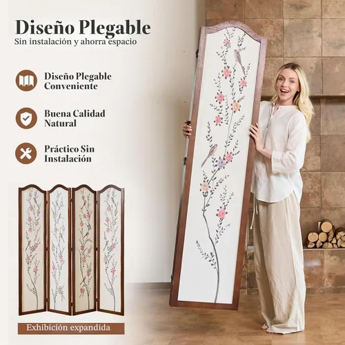 Vista 3 de Svimi Biombo Plegable de Madera de 4 Paneles Estilo Oriental Divisor de Habitación – Pantalla de Privacidad Independiente y Panel de Pared Divisorio