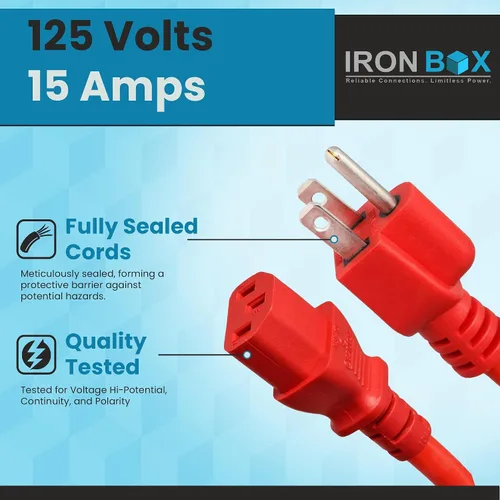 Vista 3 de IronBox Electric - Cable de Alimentación de Servicio Pesado 5-15P a C13 - Cable PC SJT 14/3 de 3 Clavijas 15A 125V - Cable para Computadora