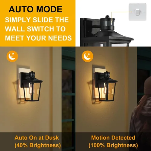 Vista 5 de Luces de pared con sensor de movimiento para exteriores, apliques de pared exterior de granja con vidrio transparente, faroles impermeables modernos
