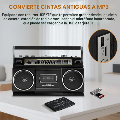Vista 4 de Reproductor de casete Boombox con Bluetooth, radio AM/FM/SW y grabación a USB, sonido estéreo de 24 W, 4 modos de alimentación, estéreo retro