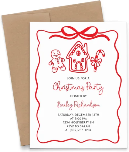 Vista 4 de Invitaciones de Navidad elegantes personalizadas con sobres, tarjetas de invitación de fiesta de cóctel de Navidad, rojo y verde, invitaciones