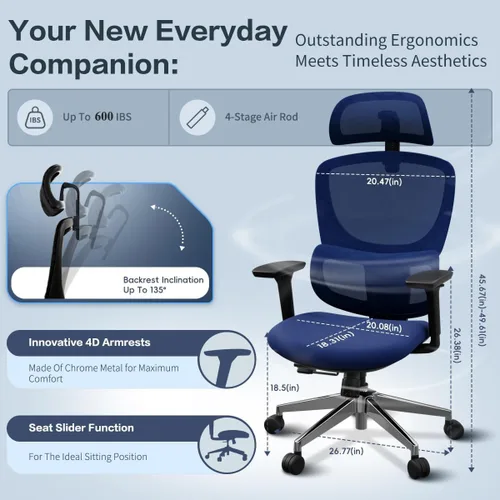Vista 3 de Silla de oficina ergonómica, silla de escritorio de respaldo alto con apoyabrazos 4D, silla giratoria reclinable de 135° con bloqueo de inclinación