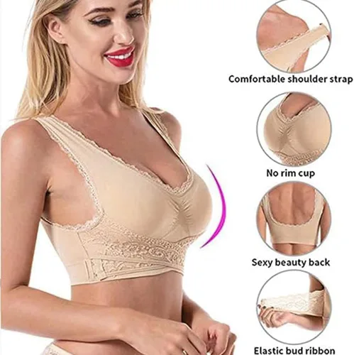 Vista 3 de KENDALLY - Brasier Kendally para mujeres mayores, cómodo brasier de corsé frontal con hebilla lateral cruzada y encaje