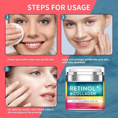 Vista 5 de Crema de retinol para cara con ácido hialurónico, hidratante antienvejecimiento de día y noche para mujeres y hombres, crema de colágeno
