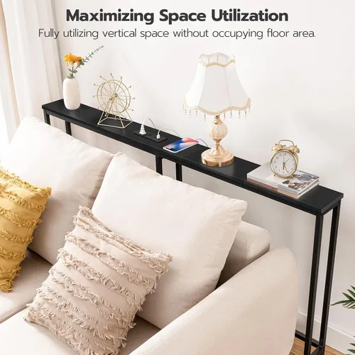 Vista 6 de HOOBRO - Mesa de consola estrecha de 63" con estación de carga, mesa de sofá de 5.9" con 2 tomas de corriente y puertos USB, mesas largas de entrada
