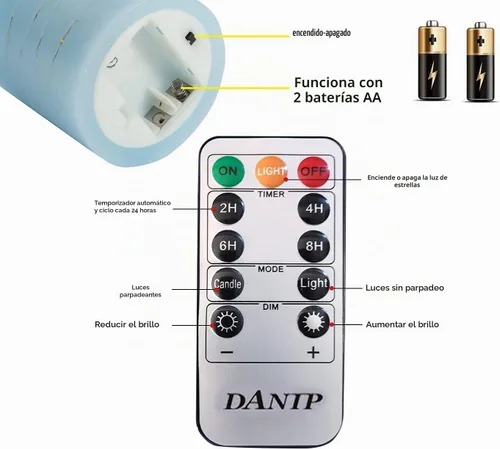 Vista 6 de danip Vela LED sin llama azul cielo con cuerda de luz de estrellas integrada, 3 velas LED, control remoto de 11 teclas, función de temporizador