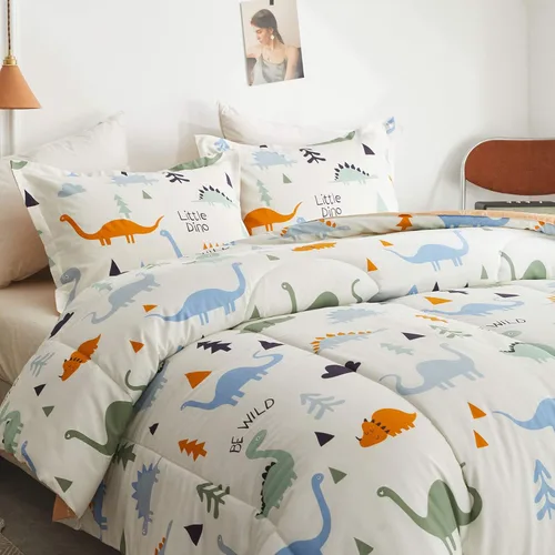 Vista 2 de Joyreap Juego de edredón de algodón de 3 piezas para niños, edredón de algodón tamaño individual de dinosaurio para niños y niñas, diseño reversible