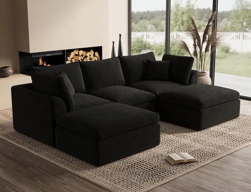 Vista 46 de ohllob Sofás seccionales Cloud de 110 pulgadas para sala de estar, sofá deshuesado en forma de L con otomana, sofá modular de 3 plazas, color negro