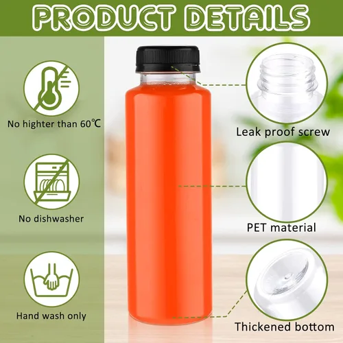 Vista 3 de Thenshop 24 botellas de plástico de 12 onzas con tapas, botellas de plástico desechables de PET transparentes con tapas negras a prueba