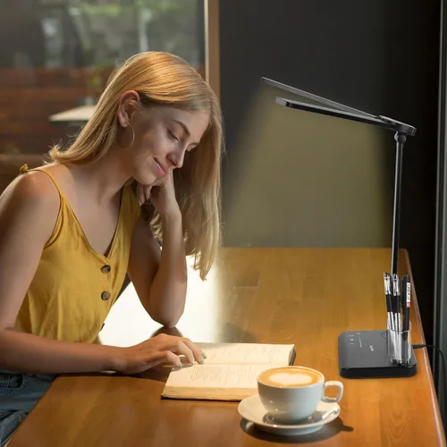 Vista 7 de Qooltek Lámpara de escritorio LED con control táctil, lámpara de mesa con 5 modos de color, brillo regulable para oficina en casa, brazo oscilante