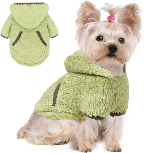 Vista 12 de Suéter de forro polar con capucha para perro, suéteres cálidos de terciopelo mullido, ropa de invierno para perros pequeños, hembra, niño, abrigos