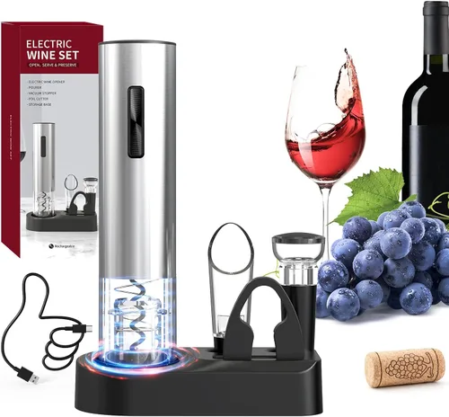 Vista 12 de CIRCLE JOY Abrevino eléctrico recargable 5 en 1 acero inoxidable juego de regalo de vino con cortador de aluminio, vertedor aireador de vino, anillo