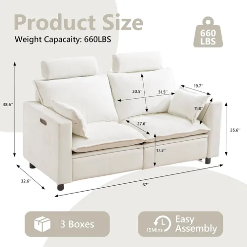 Vista 5 de Sofá reclinable eléctrico de gran tamaño, sofá reclinable de chenilla blanco crema con reposacabezas ajustable, almohadas, juego de muebles