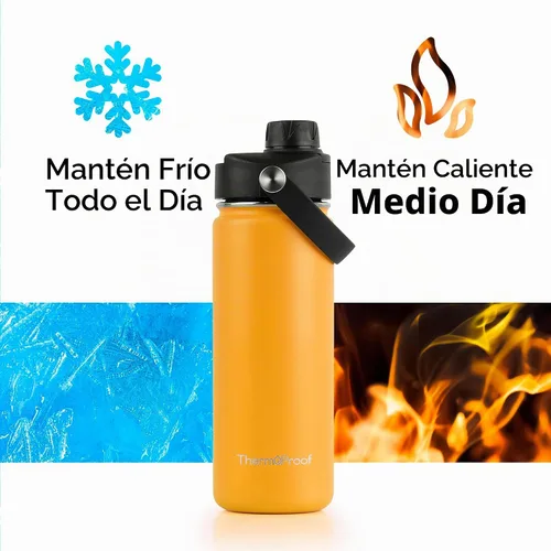 Vista 4 de Botella de agua aislante ThermoProof – Acero inoxidable, boca ancha, tapas abatibles y con boquilla, a prueba de fugas, apta para lavavajillas Ámbar