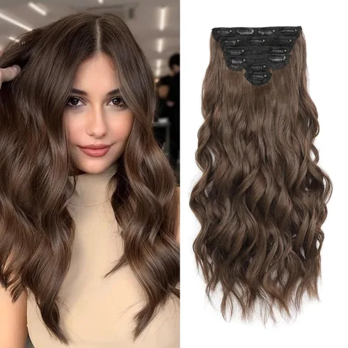 Vista 12 de Fliace Extensiones de cabello con clip para mujer, extensiones de cabello ondulado largo de color marrón medio, extensiones de cabello sintético