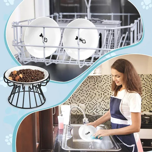 Vista 6 de Roshtia 4 juegos de cuencos elevados de cerámica para gatos con soporte de metal, platos aptos para lavavajillas, platos elevados antideslizantes