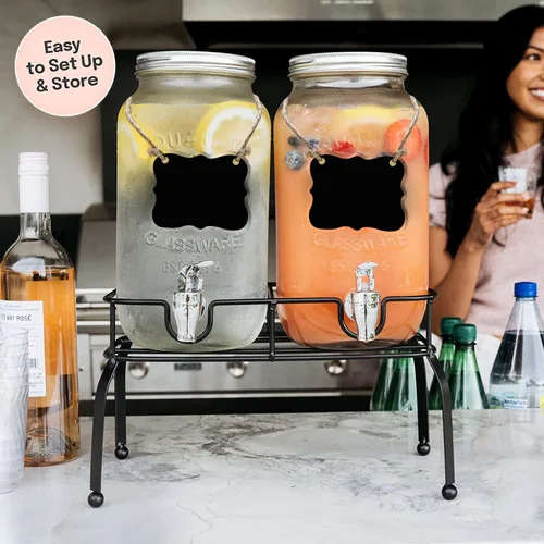 Vista 2 de Estilo Dispensador de bebidas de vidrio para fiestas, juego de 2-1 galón dispensador de bebidas de Halloween con soporte, dispensador de agua