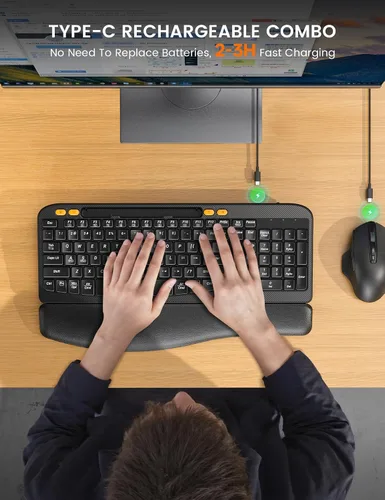 Vista 4 de SABLUTE - Combo de teclado y mouse inalámbricos ergonómicos con llave Wave Leather Soft Palm Rest, Rechargeable, 4-Level DPI, Phone Holder