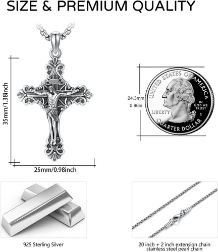 Vista 2 de Collar de cruz de Jesús de plata de ley con colgante de Jesús, collar de crucifijo para hombre, collar de cruz católica para hombres, joyería