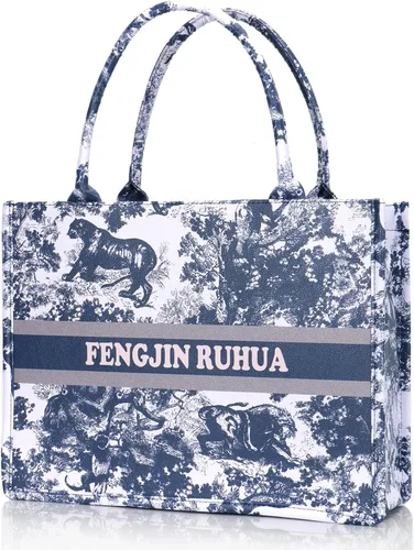 Vista 2 de FENGJINRUHUA Bolso de mano pintado de lujo grande de moda para mujer, bolsos de hombro de cuero, bordado de capacidad, bolso retro exquisito