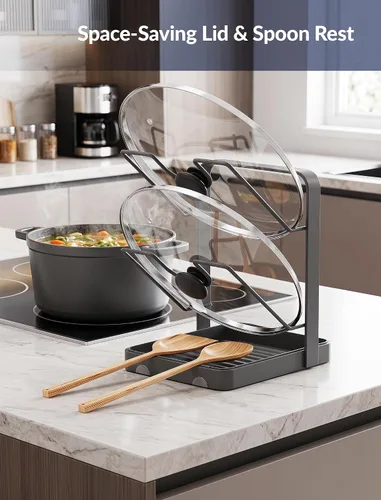 Vista 3 de NiHome Soporte para tapa de olla y soporte para cuchara con bandeja de goteo extraíble, organizador de encimera de cocina de hierro negro