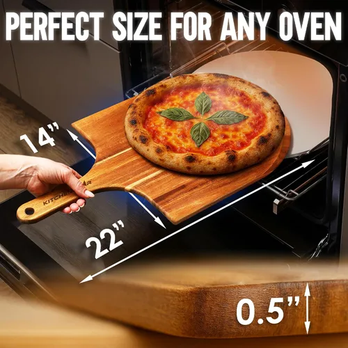 Vista 2 de KitchenStar Pela de pizza de madera de acacia de 14 pulgadas – Tabla grande de madera para cortar y servir con mango – Acabado de aceite natural