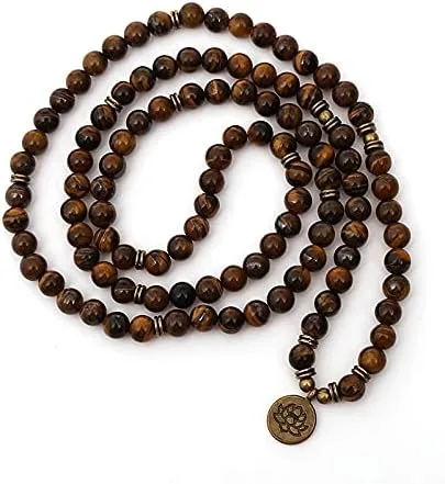 Vista 3 de Pulsera o collar con cuentas de piedra de ojo de tigre de 0.315in para yoga, loto OM, Buddha 108 Mala para hombres y mujeres