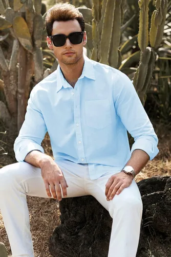 Vista 4 de JMIERR Camisa de vestir de manga larga con botones y lino de algodón para hombre
