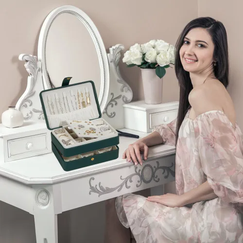 Vista 9 de BUTI4WLD Joyero pequeño, cajas de joyería para mujeres y niñas, caja organizadora de joyas, 2 capas organizador de almacenamiento de joyas de viaje