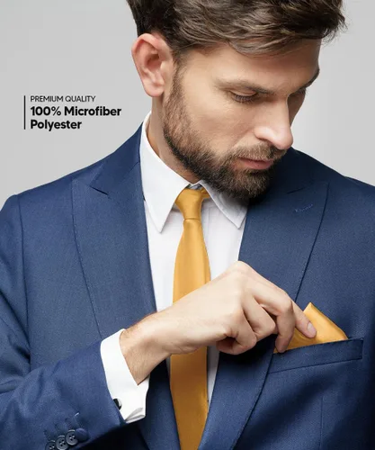 Vista 3 de Juego de corbata de satén sólido y pañuelo de bolsillo para hombre, conjunto de corbata a juego para hombre Ámbar
