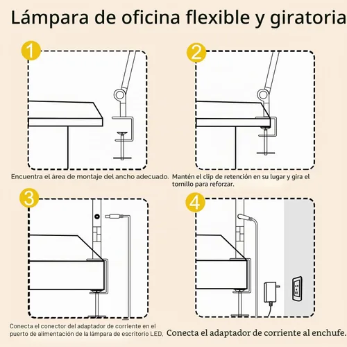 Vista 4 de Lámpara de escritorio LED con abrazadera y brazo flexible, 3 fuentes de luz, 4 modos de color y 5 niveles de brillo, luz de mesa con función