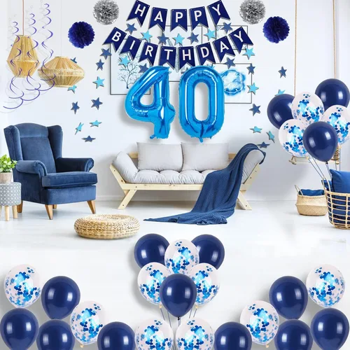 Vista 3 de Decoraciones de Cumpleaños Azules del 40, Decoraciones de Cumpleaños 40 Azul Marino para Hombres y Mujeres, Globos de Feliz 40 Cumpleaños Azul-a-40