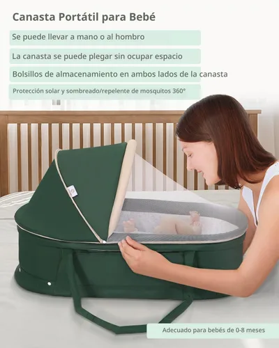 Vista 8 de Cuna de viaje para bebé portátil con dosel 2 en 1 para recién nacido - verde