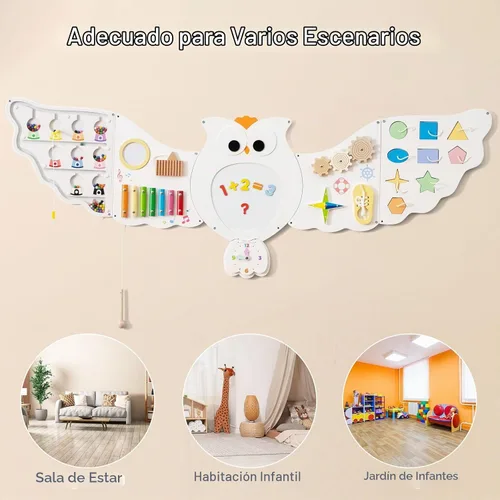 Vista 6 de Olakids Pared Sensorial de Búho, Panel de Tablero Ocupado Montessori de Madera 11 en 1 con Pizarra Blanca Magnética Espejo 26 Accesorios, Centro