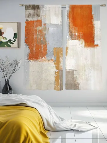 Vista 4 de Cortinas traslúcidas naranjas de 63 pulgadas de largo, juego de 2 paneles de cortinas de cocina naranja y gris, cortinas semitransparentes