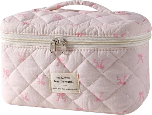 Vista 42 de uekeboag - Bolsa de maquillaje grande de viaje acolchada para mujer, neceser de algodón con estampado floral, neceser con estampado floral