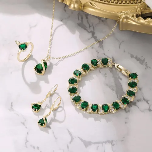 Vista 4 de BriLove Juego de joyas para novia, gota de agua con gas de circonita cúbica, collar con colgante de cristal, aretes de palanca y pulsera de tenis