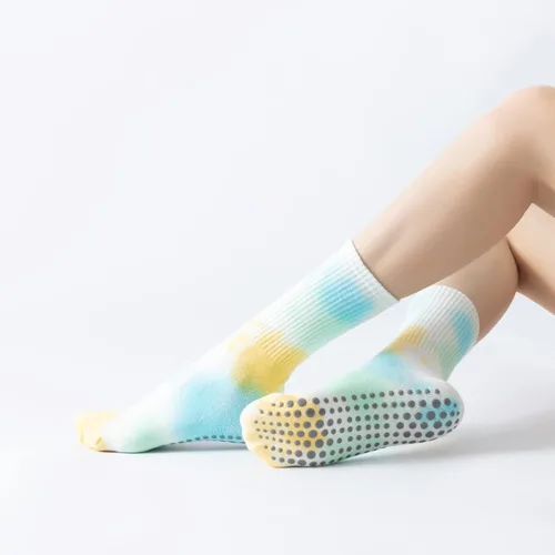 Vista 2 de Calcetines de yoga y pilates con empuñaduras para mujer, antideslizantes, coloridos, teñido anudado, acolchados, calcetines para bailar en barra