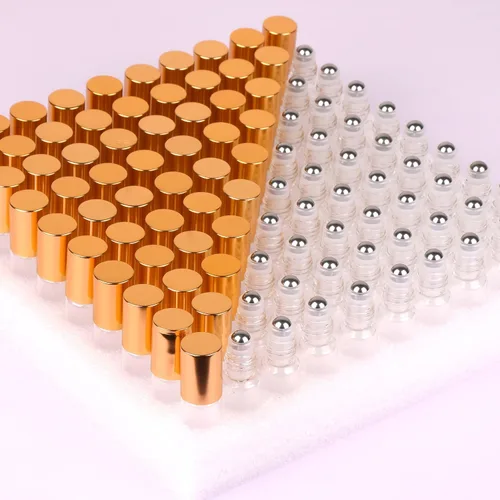 Vista 9 de MaxMau Paquete de 24 Botellas de Vidrio Ámbar de 5ml para Aceites Esenciales, Botella Roll-on con Bolas Rodantes de Acero Inoxidable, Tapas Pintadas