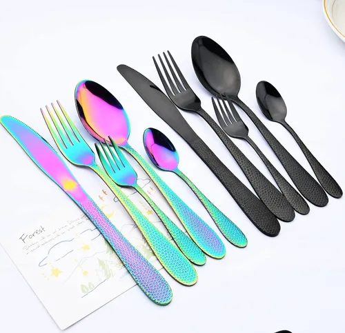 Vista 5 de Juego de cubiertos de acero inoxidable 18/10 de 5 piezas, cuchillo de cocina negro, tenedor, cuchara, vajilla para fiesta, cena, cubiertos, servicio
