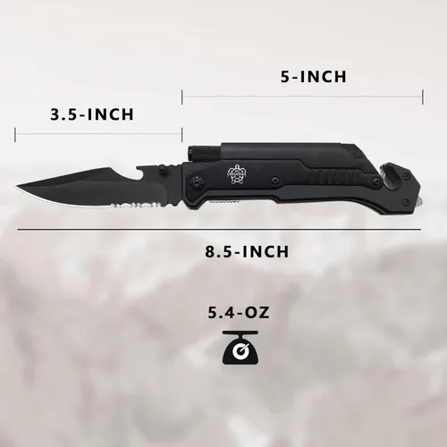 Vista 6 de Cuchillo de bolsillo militar EDC de 8.5 pulgadas para exteriores, 7 en 1, cuchillos plegables multifunción con iniciador de fuego, cortador de Negro