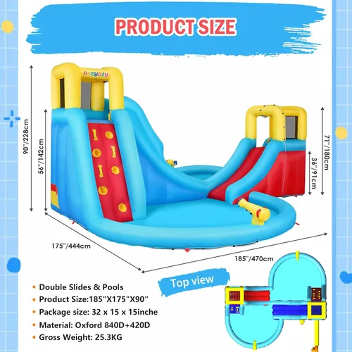 Vista 5 de AKEYDIY Toboganes acuáticos inflables, estilo circular al aire libre parque acuático inflable con escalada, borde de baloncesto, piscina