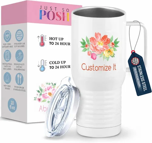 Vista 20 de Just So Posh Abuela Flowers Tumbler, Vaso de Café de Viaje con Asa y Tapa Deslizante, Blanco 20 oz Polar Camel, Acero Inoxidable, Aislado al Vacío