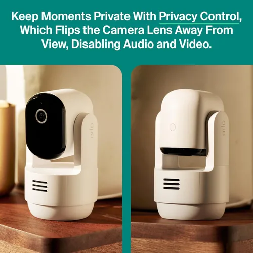 Vista 6 de Arlo Essential - Cámara de seguridad para interiores con inclinación panorámica 2K (versión 2025) + 6 meses de plan Secure Plus, alimentación
