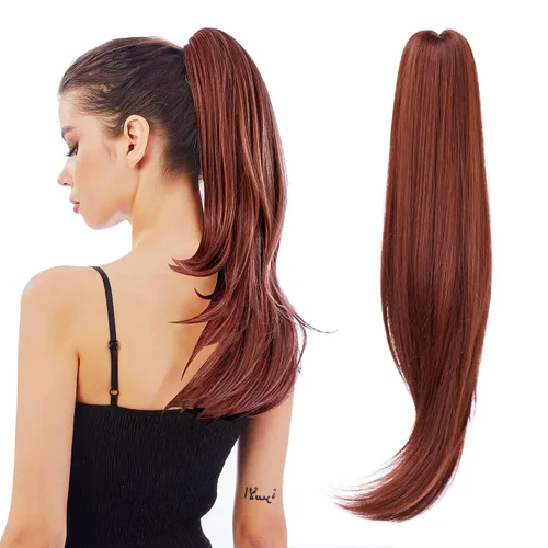 Vista 25 de Extensión de Cola de Caballo, Extensión de Cabello con Garra Larga de 20", Piezas de Cabello Sintético Ondulado Liso con Clip en Peluca de Cola