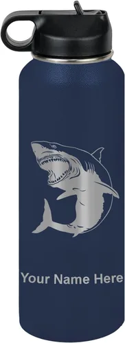 Vista 67 de LaserGram Botella de agua personalizada, gran tiburón blanco, acero inoxidable de doble pared aislada al vacío con popote superior, regalo grabado