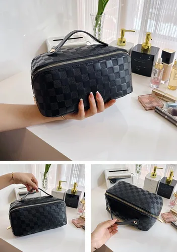 Vista 8 de Bolsas de maquillaje a cuadros de gran capacidad, bolsas de cosméticos portátiles de viaje, bolsa de aseo abierta y plana para mujeres y niñas