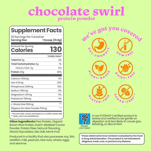 Vista 8 de Proteína en polvo amigable con el intestino para estómagos sensibles, bajo FODMAP, 0.71 onzas de proteína vegana de guisantes y arroz con fibra