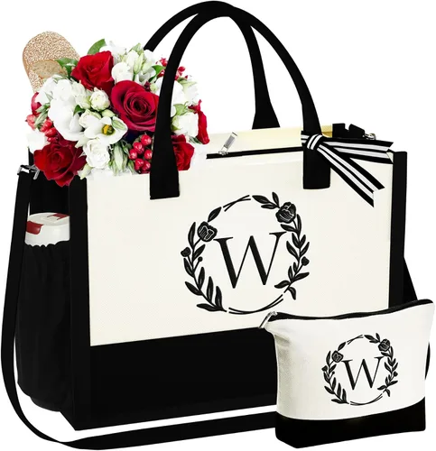 Vista 21 de YOOLIFE Bolsa de lona con inicial, bolsa de playa, bolsa de maquillaje con cremallera, regalos personalizados para madres, amigas, regalos